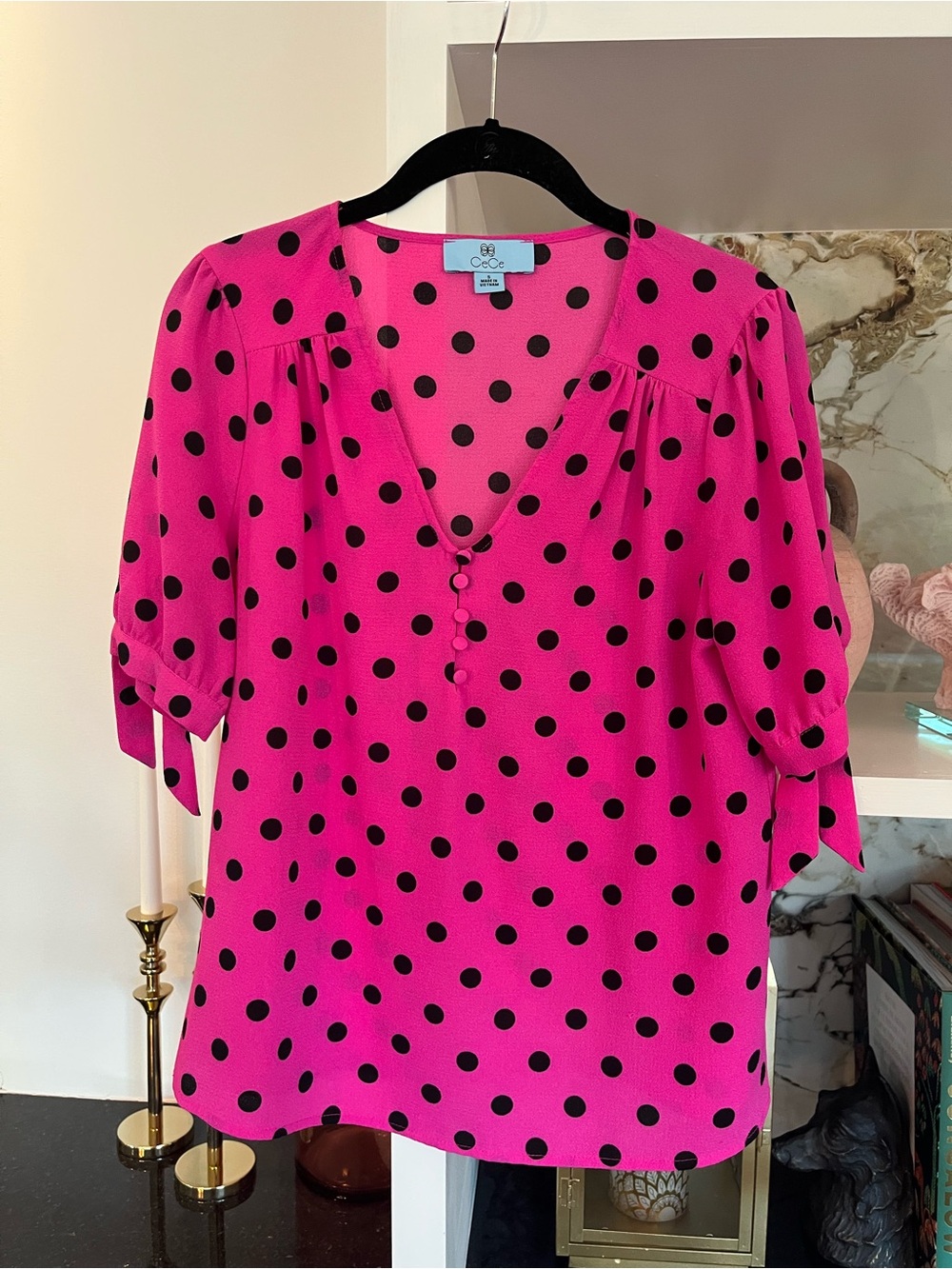 CeCe Hot Pink and Black Polka Dot V-Neck Blouse
